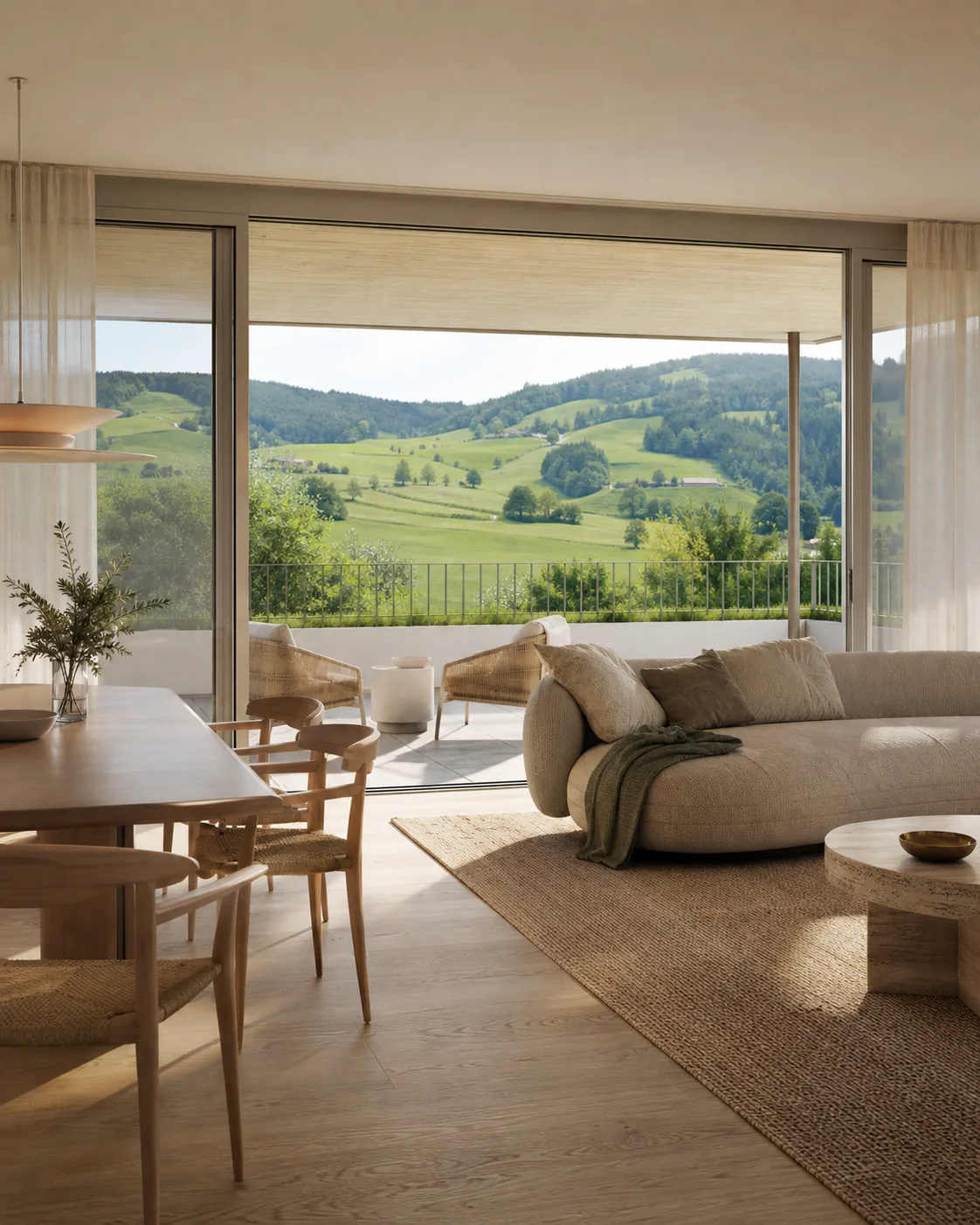 Intérieur contemporain lumineux ouvert sur le paysage fribourgeois